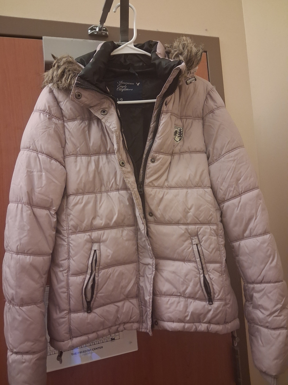 Women's Light Purple Puffer Coat with Faux Fur Hood